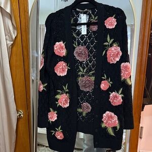 Alice & Olivia Floral Embroidered Black Cardigan Sweater